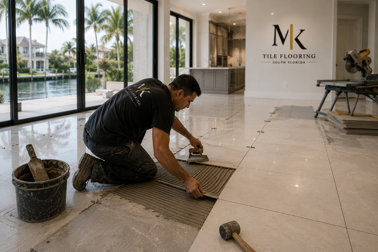 Mnknd & Co. installer laying tile in a waterfront home